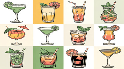 Each cocktail is rendered in a vintage-style illustration with detailed garnishes and reflectio