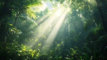 Obraz premium Ethereal Sunlight Shining through Lush Tropical Jungle Foliage