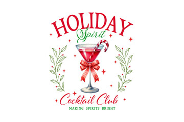 Holiday spirit cocktail club with candy cane and bow isolated on transparent background