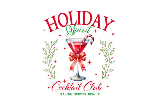 Holiday spirit cocktail club with candy cane and bow isolated on transparent background