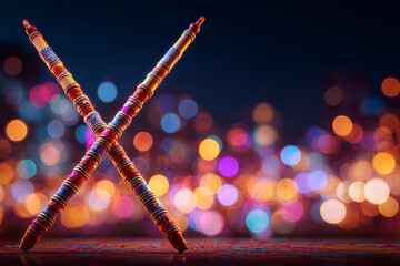 Dandiya sticks crossed in dance with glowing festive background and text space.
