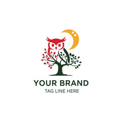 Obraz premium Cute Owl on Tree and moon Logo Design Illustration