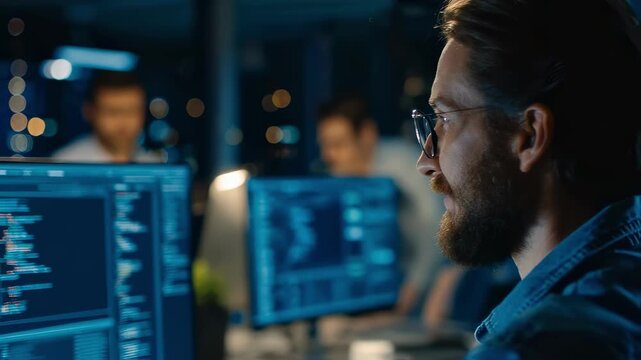 Medium shot of a security auditor deeply analyzing code changes blurred team members in background engaging in secure code review discussion.