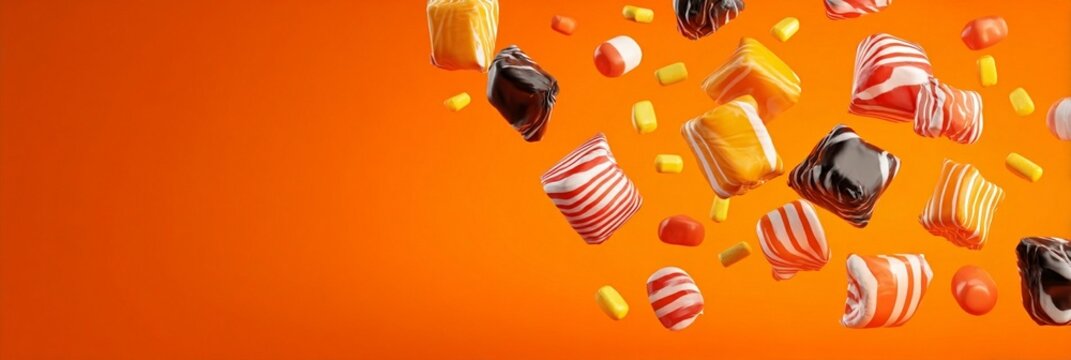 Vibrant orange background with scattered assorted candies and sweets floating mid-air, showcasing colorful wrapped hard candies, striped and solid colored treats in dynamic composition - Powered by Adobe