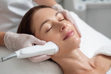 Woman receiving non invasive facial treatment in clinic to improve skin appearance and health