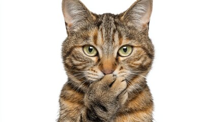 Close-up of a curious tabby cat with green eyes and a thoughtful expression on a white background