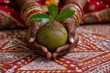 Kalash offering on rangoli during Navratri rituals, symbolic and sacred. 
