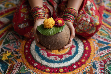 Kalash offering on rangoli during Navratri rituals, symbolic and sacred. 
