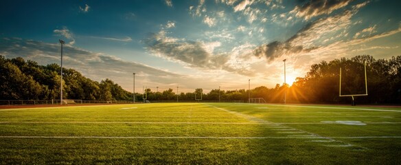 The serene football field illuminated by sunset and clear skies.