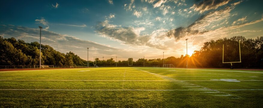 The serene football field illuminated by sunset and clear skies.