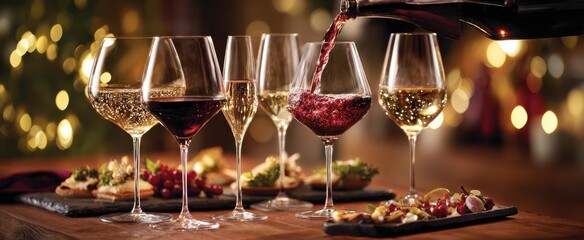 The elegance of wine selection with beautiful glasses and delectable appetizers.