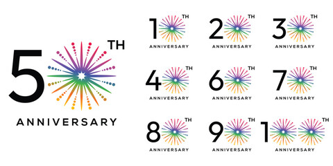 set bundle of 10 to 100th anniversary logo design, with colorful fireworks for celebration event wedding and birthday vector template