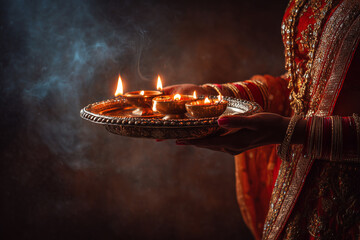 Woman performing Aarti with thali during Navratri, glowing flames and text space. 
