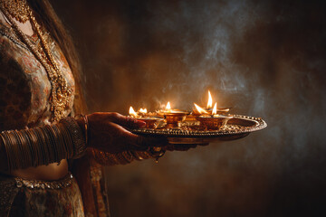 Woman performing Aarti with thali during Navratri, glowing flames and text space. 

