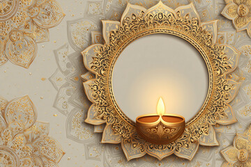 Graphic Durga Puja banner with diya art and floral mandala, blank greeting space. 
