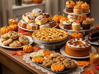 Fototapeta premium Table garnie de desserts d’automne faits maison – tartes, cupcakes, biscuits et gâteaux aux saveurs de saison