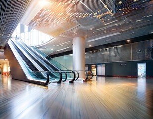 abstract blurred modern shopping mall interior with empty escalator bright lighting and polished floor