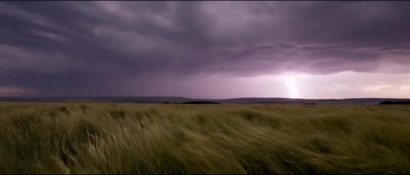 Storm rolling across wide grasslands, lightning illuminating the horizon