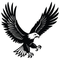 Bald Eagle Flying Soon Eagle Detailed black-and-white line art of a bald eagle in mid-flight with wings fully spread and talons forward, dynamic perspective, crisp vector-ready ink outlines, high-cont