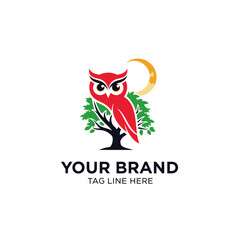 Obraz premium Cute Owl on Tree and moon Logo Design Illustration