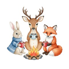 Fototapeta premium Friends gather around a campfire enjoying warm drinks in a forest setting during a chilly evening