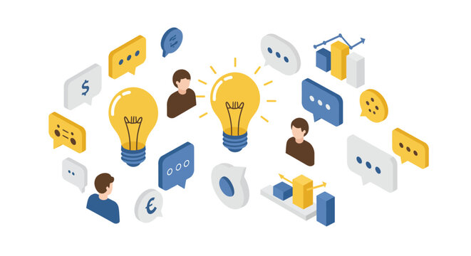 Collaborative idea sharing with isometric creative icons and speech bubbles