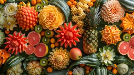 Fototapeta premium Vibrant Culinary Captivating Thai Fruit Carving Showcase