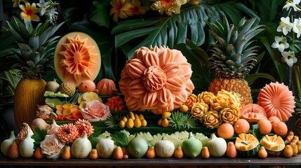 Fototapeta premium Vibrant Fruit Carving Display Showcasing Thai Culinary and Creative Culinary Traditions