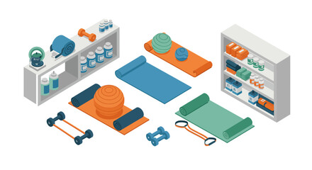 Obraz premium Isometric home gym equipment set with yoga mats, weights, and supplements