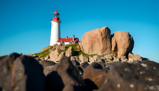 A lighthouse with a red roof and a white tower on a rocky outcrop against a clear blue sky day light - Powered by Adobe