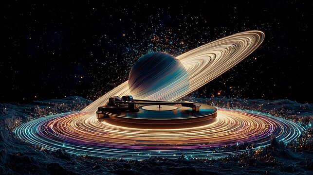 Vinyl record spins through cosmic nebula, playing music