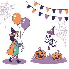 A whimsical Halloween party invitation with a cartoon pumpkin and a fun set of holiday illustrations
