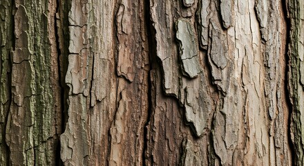 Obraz premium Close-up of detailed tree bark texture with natural cracks and patterns, rustic wooden surface background, photorealistic macro wallpaper perfect for nature, wood, and organic design concepts.