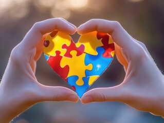 Hands forming a heart shape around a puzzle ribbon, emphasizing love and support for autism awareness