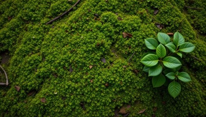 create a photo of a top down view of a green moss forest with nature texture background, position the subject, which is a close up of a leafy plant