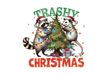 Trashy christmas text with raccoons and opossum decorating a tree isolated on transparent background © Digital