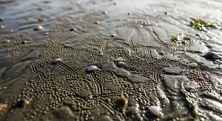 Sand ripples and shells on a beach