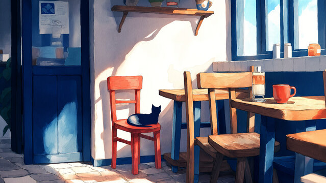 Cozy watercolor cafe with cats and pomodoro timer study desk scene in warm sunlight
