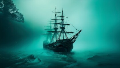 Fototapeta premium dark ship in a thick teal toned fog