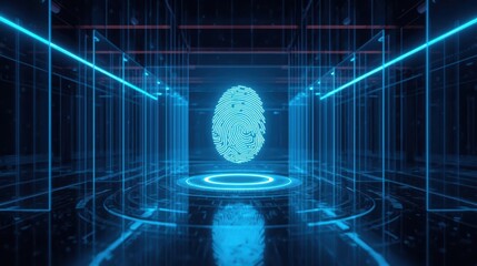 A glowing cyan fingerprint hovers above a futuristic platform in a technological space, surrounded by blue neon lines and intricate digital patterns showing security.