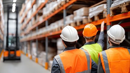 Workers observe inventory in a well-organized warehouse during a busy shift, highlighting safety measures and teamwork