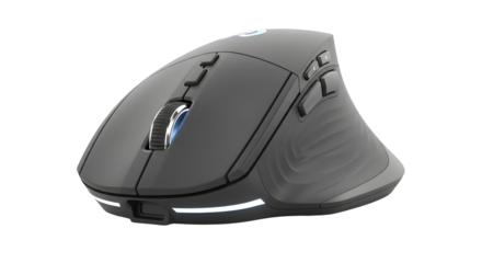 Ergonomic vertical computer mouse with multiple buttons on transparent background