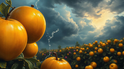 Symbolic epic realism of glowing golden apples in the garden of the Hesperides, mythological illustration for Heracles and the Twelve Labors