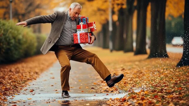 Man slips in slow motion while carrying gifts and splashes into a puddle on a colorful autumn pathway