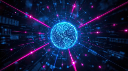 Fototapeta premium An abstract digital globe glows with blue light, encompassed by a web of connections and pierced by pink laser beams, representing advanced global technology.