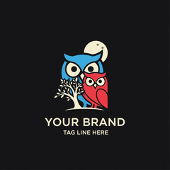 Fototapeta premium Cute Owl on Tree and moon Logo Design Illustration