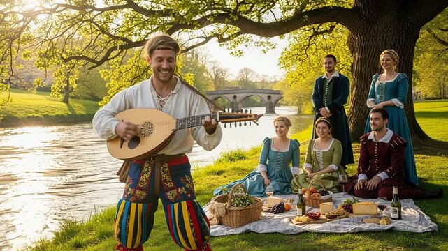 Male musician joyfully serenades an elegant gathering riverside with a lute under the sun