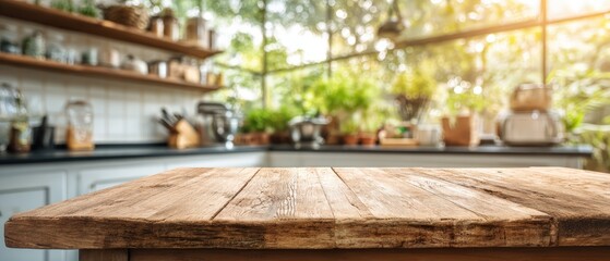 Bright modern kitchen with large overlooking greenery, natural sunlight illuminating spacious cooking area and open shelving