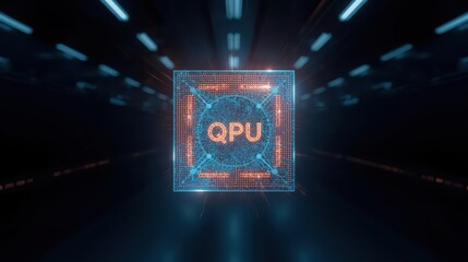 A glowing QPU quantum processing unit is depicted against a dark backdrop, indicating advanced technology and computational power for future applications.