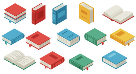 Isometric collection of colorful books in various positions and styles